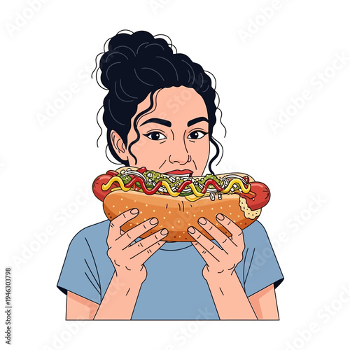 Young woman eating a large, loaded hot dog with relish, mustard, and ketchup