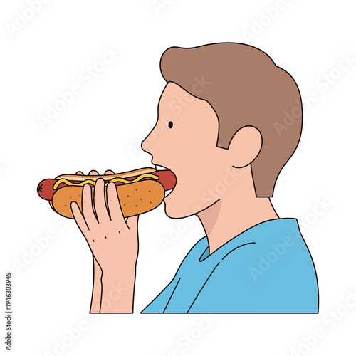 Man eating a hot dog with mustard, close-up side view, outdoor casual meal