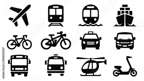Collection of black transportation icons on white background including vehicles and modes of transport