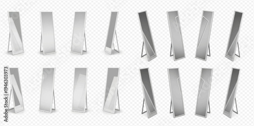 Set of blank advertising stand banners or display signs with various angles and perspectives, isolated on transparent background for marketing campaigns.