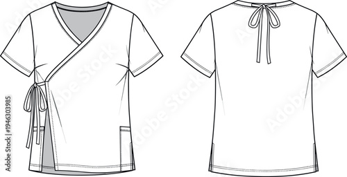 Medical Wrap Scrub Top Vector Illustration with V-Neck Short Sleeves Side Tie Closure and Back Bow Detail for Fashion Technical