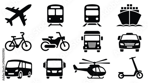Collection of black transportation icons including vehicles and modes of transport