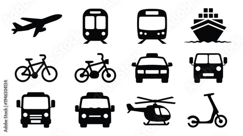Collection of transportation vehicle silhouettes including airplanes buses ships cars bicycles and scooters on white background for design and icon usage