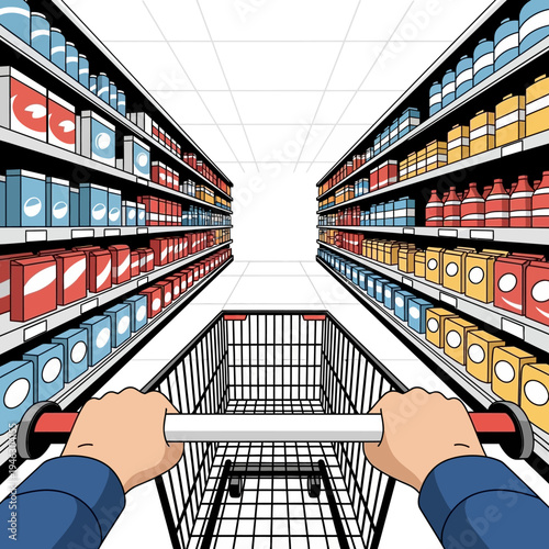 POV of pushing shopping cart down supermarket aisle full of products