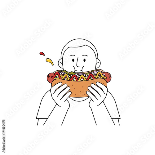 Person eating a loaded hot dog with condiments, close-up, enjoying fast food meal