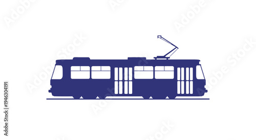 Blue Electric Tram with Overhead Pole.
