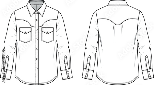Men Western Denim Shirt Vector Flat Sketch Illustration with Front and Back View Featuring Pearl Snap Buttons and Curved Yoke Detail