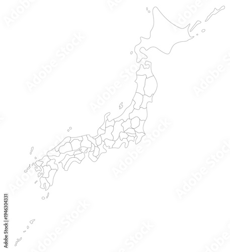 都道府県ごとに分割できる日本列島・日本地図詳細線画白地図簡略版