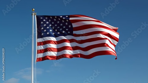 American Flag Waving Against Clear Blue Sky on a Polished Silver Flagpole