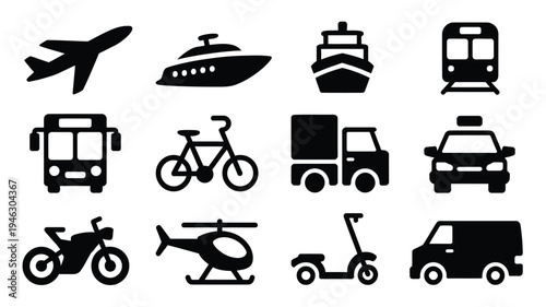 Collection of black vector icons featuring various transportation modes on white background