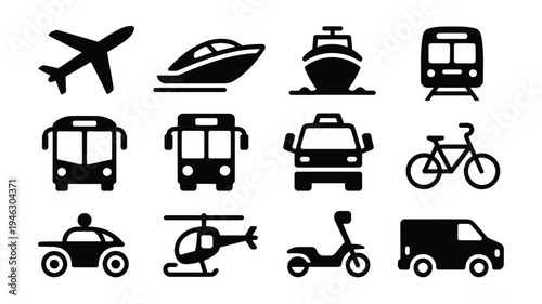 Vector icons of various transportation modes on white background