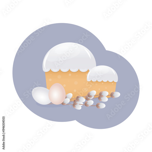 Traditional Easter cakes decorated with white icing, accompanied by eggs and pussy willow branches.