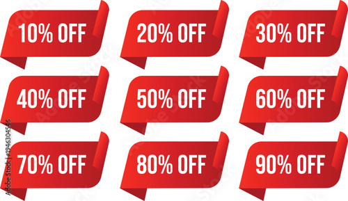 Red Sale Banners with Bold White Text Displaying Various Discounts on Plain Background Conveying Shopping Savings, Retail Promotions and Special Discount Offer Marketing Design