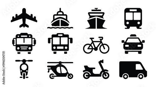 Vector icons of various transportation modes on white background including airplanes ships buses cars bicycles scooters trucks and helicopters