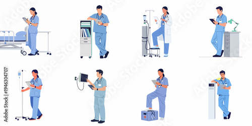 Set of medical staff illustrations showing doctors and nurses in blue scrubs performing various healthcare tasks in a hospital setting.