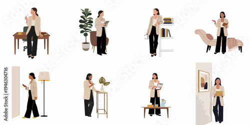 Set of flat vector illustrations depicting a professional female psychologist in various office scenarios, from consulting sessions to personal research and desk work.