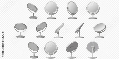 Set of realistic vanity mirrors with stands in various angles on transparent background.