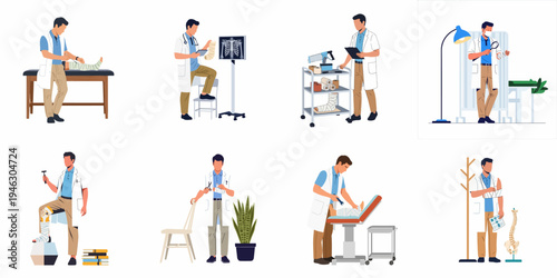 Set of flat vector illustrations of orthopedic doctors treating patients with broken limbs, fractures, and casts in various professional clinical environments.