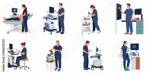 Set of flat vector illustrations depicting medical professionals operating various ultrasound machines and performing diagnostic procedures in a clinical setting.