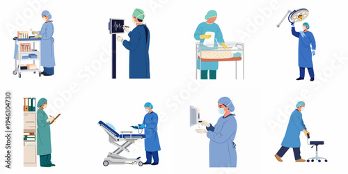 Collection of medical professionals in surgical scrubs performing various healthcare tasks, from preparing instruments to caring for patients, in a hospital setting.