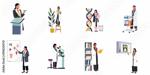 Flat vector illustration set of diverse female medical and scientific professionals engaged in research, diagnosis, education, and laboratory work on white background.