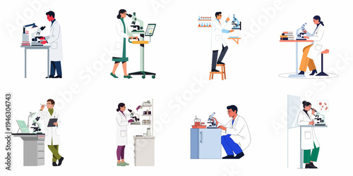 Set of diverse professional scientists in lab coats conducting research and using microscopes in various laboratory settings.