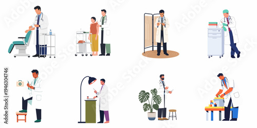 Collection of male medical professionals in white coats performing various clinical tasks including giving injections, examinations, and preparing medical equipment in a hospital setting.