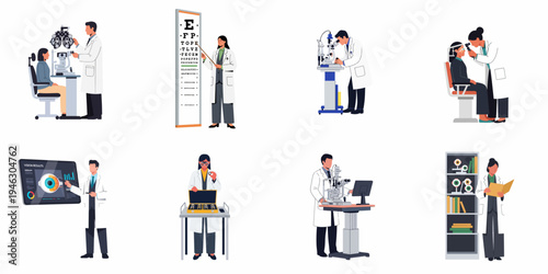 Set of flat vector illustrations depicting ophthalmologists and optometrists performing various eye examinations and medical procedures in a professional eye clinic.