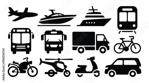 Vector illustration of various transportation modes and vehicles in black silhouettes on white background