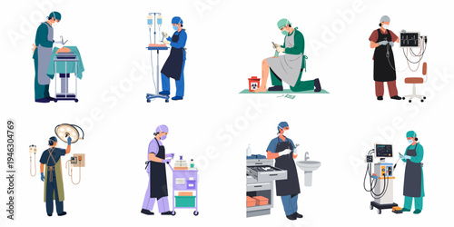 Vector illustration set of surgeons and medical staff performing various procedures, using specialized equipment, and maintaining an operating room environment.
