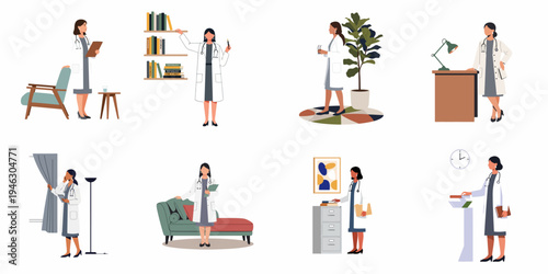 Collection of diverse female doctor characters in various healthcare and office settings, flat vector illustration.