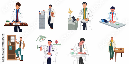 Collection of Eight Male Doctor Illustrations Performing Administrative Tasks, Writing Referral Forms, and Working in a Professional Medical Environment