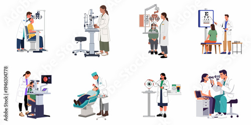 Set of illustrations depicting ophthalmologists performing various eye examinations and medical procedures on patients using modern diagnostic equipment.