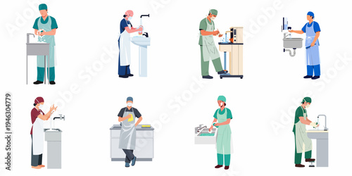Set of professionals in medical and food service industries practicing hygiene by washing hands and cleaning equipment at various sinks in flat design.