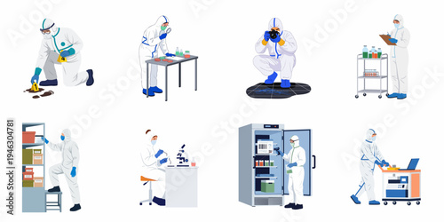 Set of eight illustrations featuring professionals in hazmat suits performing forensic investigations, laboratory work, and medical logistics on a white background.
