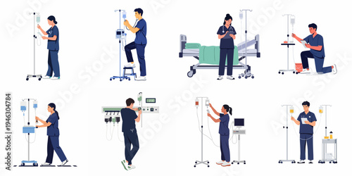 Set of vector illustrations featuring medical professionals in blue scrubs managing IV bags and clinical equipment in a hospital healthcare setting.