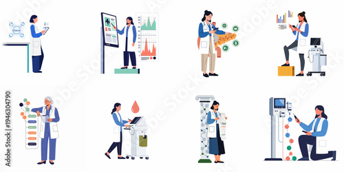 Collection of female doctors and scientists working in modern healthcare, diagnostic clinics, and research labs with digital data and medical equipment.
