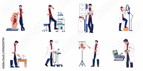 Set of illustrations depicting an otorhinolaryngologist ENT doctor performing various medical procedures, examinations, and diagnostic tasks in a clinic setting.
