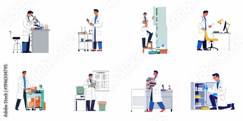 Collection of male scientist illustrations performing various tasks in a medical laboratory, including microscope use, chemical analysis, inventory management, and equipment handling.