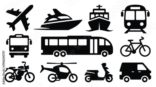 Transportation icons including airplane boat bus train bicycle motorcycle helicopter and scooter on white background