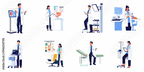 Set of diverse professional urologists and medical specialists performing various diagnostic and clinical tasks in a healthcare environment, vector flat illustrations.