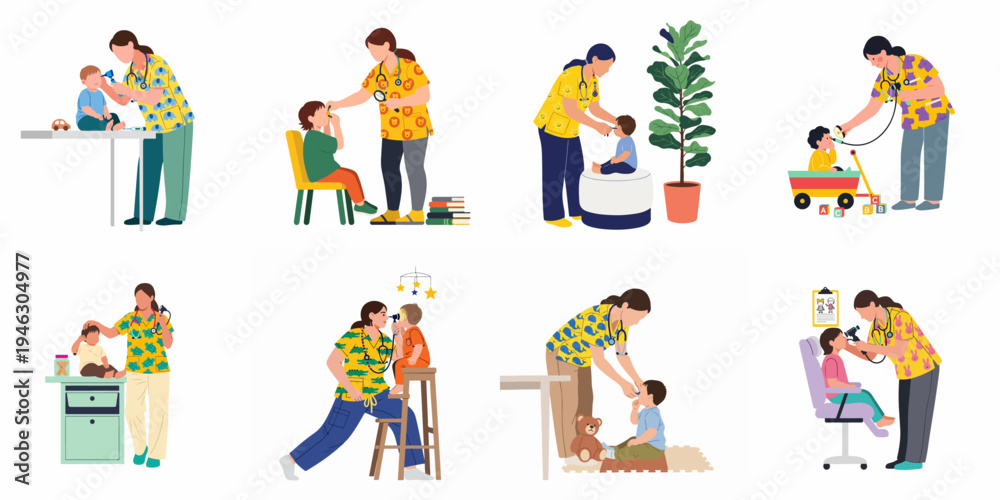 Fototapeta premium Collection of flat illustrations showing a female pediatrician in colorful scrubs examining young children in various clinical and playful settings.