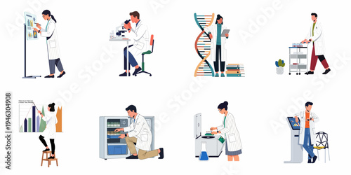 Vector illustration collection of diverse scientists and medical researchers performing laboratory tasks, genetic analysis, and clinical trials in modern research environments.