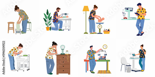 Vector Illustration Collection of Pediatricians and Nurses in Sunflower Scrubs Weighing Newborn Babies at a Clinic for Health Checkups
