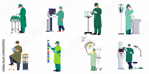 Vector Illustration Set of Surgeons and Medical Staff Performing Various Tasks in a Hospital Operating Room Environment