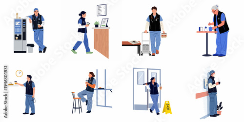 Vector set of medical staff in blue scrubs taking coffee breaks, resting, and carrying beverages in various hospital settings.