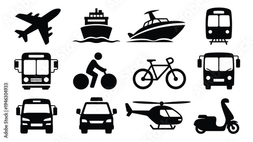 Minimalist transportation icons set including airplane ship yacht bus bicycle motorcycle helicopter and car silhouettes on white background for design and infographics