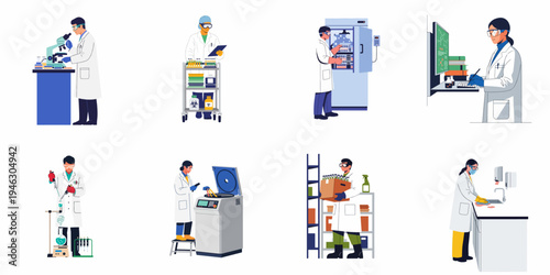 Set of laboratory scientists and researchers performing various tasks in a medical lab, including microscopy, testing, sample management, and cleaning.