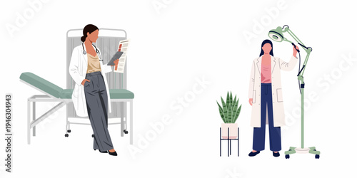 Flat vector illustration of female medical professionals in a clinic setting with medical equipment like an exam table and examination light.
