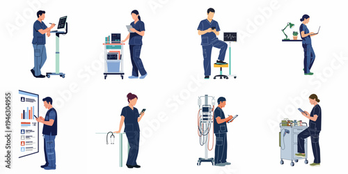 Collection of medical professionals in blue scrubs using digital devices and equipment like tablets, laptops, and monitors in a modern hospital setting.